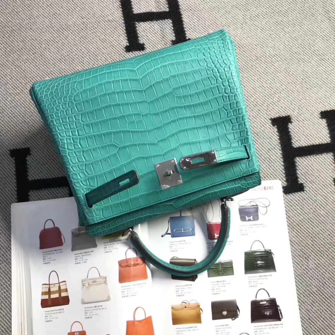 Hermès（爱马仕）Kelly 凯莉包 雾面湾鳄倒V 孔雀蓝 稀少野生鳄鱼 28cm