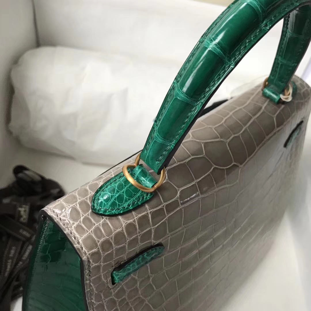 Hermès（爱马仕）Kelly Alligator shiny 亮面鳄鱼 Ck81 斑鸠灰 Gris T 6Ｑ 翡翠绿 金扣 25cm