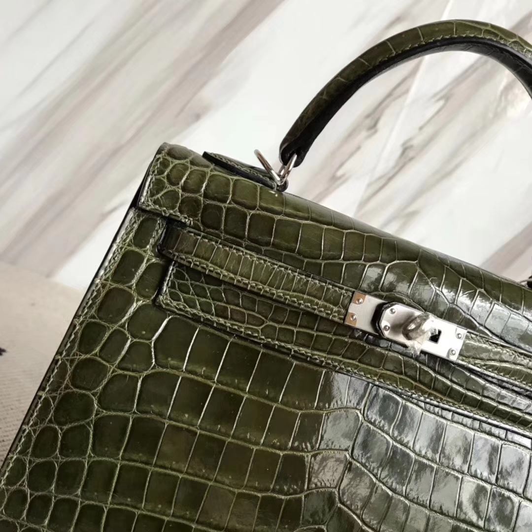 Hermès（爱马仕）Kelly 亮面尼罗鳄 6H橄榄绿 顶级工艺 蜡线全手工 金扣 25cm