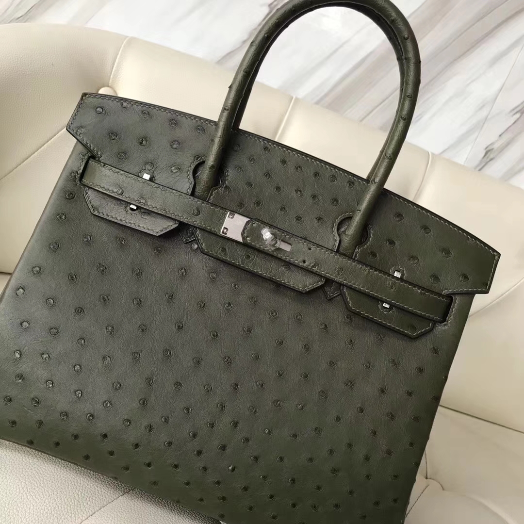 Hermès(爱马仕)Birkin kk鸵鸟 v6丛林绿 顶级工艺 蜡线全手工 银扣 30cm-拉尔森鳄鱼皮具定制 - 爱马仕包包官网 Hermès(爱马仕)Birkin kk鸵鸟 v6丛林绿 顶级工艺 蜡线全手工 银扣 30cm