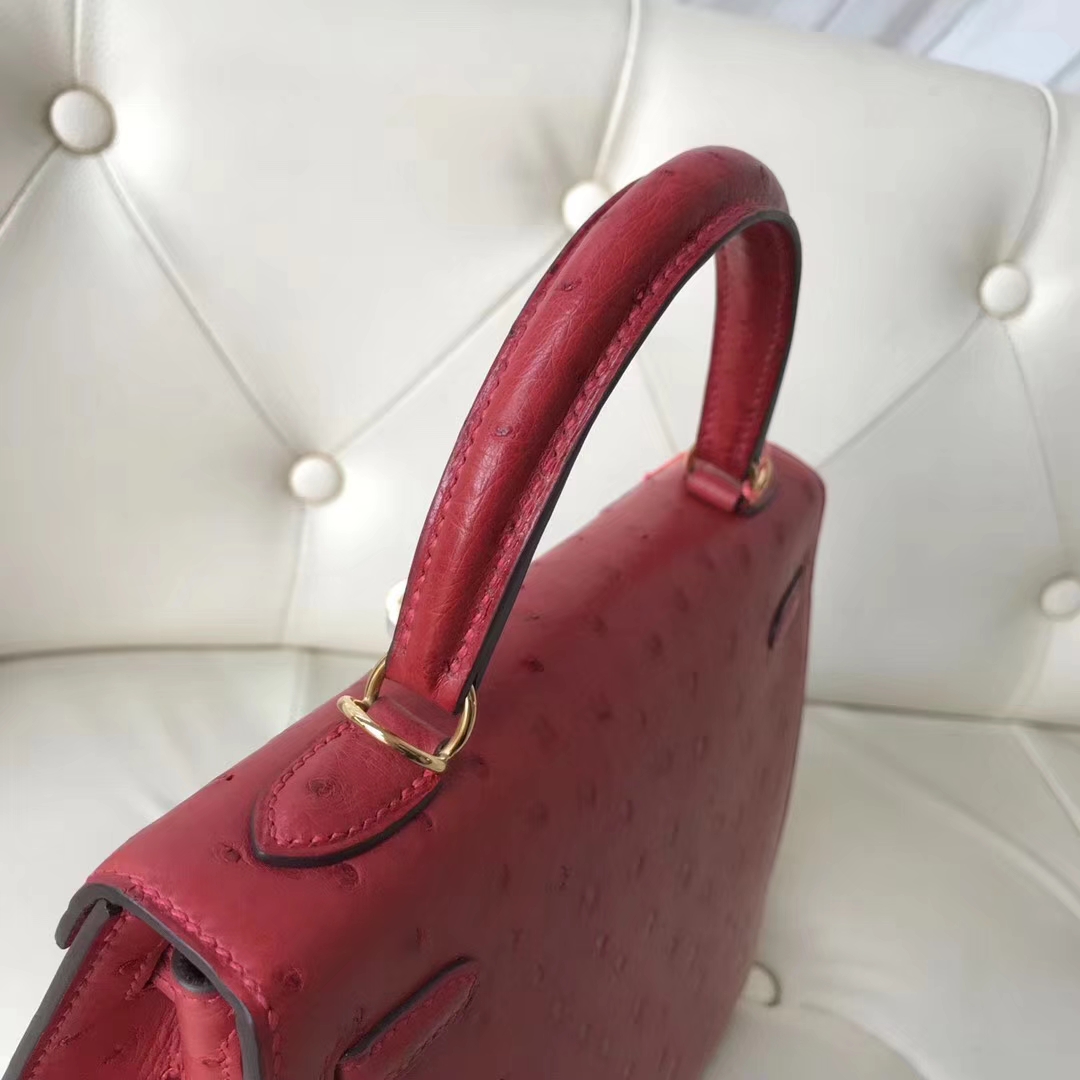 Hermès（爱马仕）Kelly凯莉包 ostrich kk鸵鸟 顶级鸵鸟皮 Q5国旗红 蜡线全手工 金扣 25cm