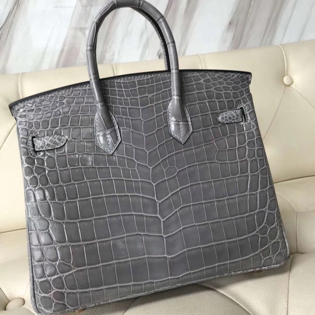 Hermès（爱马仕）Birkin Crocodile shiny 亮面鳄鱼  4Z 海鸥灰 金扣 现货 25cm