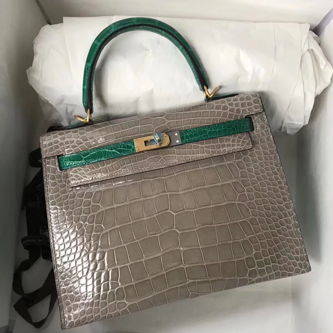 Hermès（爱马仕）Kelly Alligator shiny 亮面鳄鱼 Ck81 斑鸠灰 Gris T 6Ｑ 翡翠绿 金扣 25cm