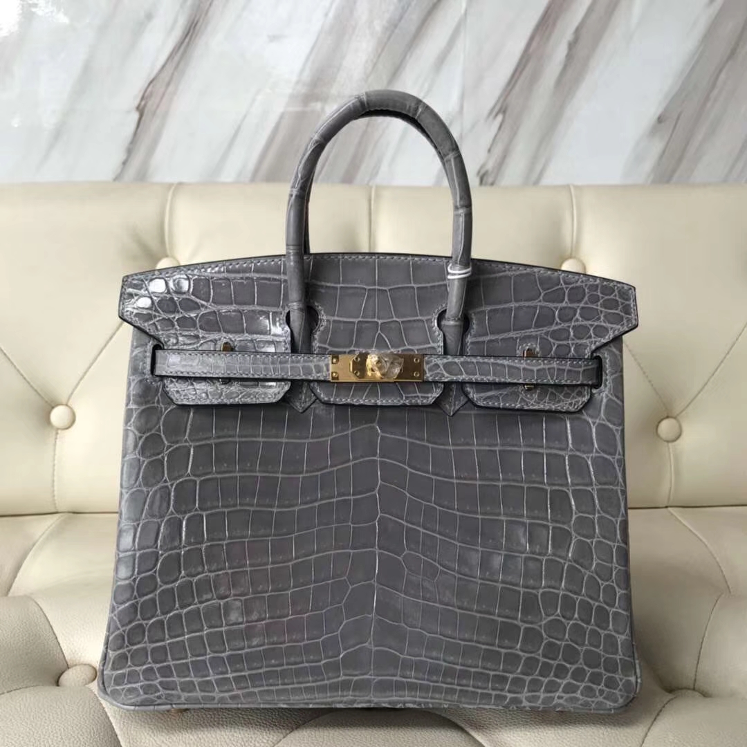 Hermès（爱马仕）Birkin Crocodile shiny 亮面鳄鱼  4Z 海鸥灰 金扣 现货 25cm