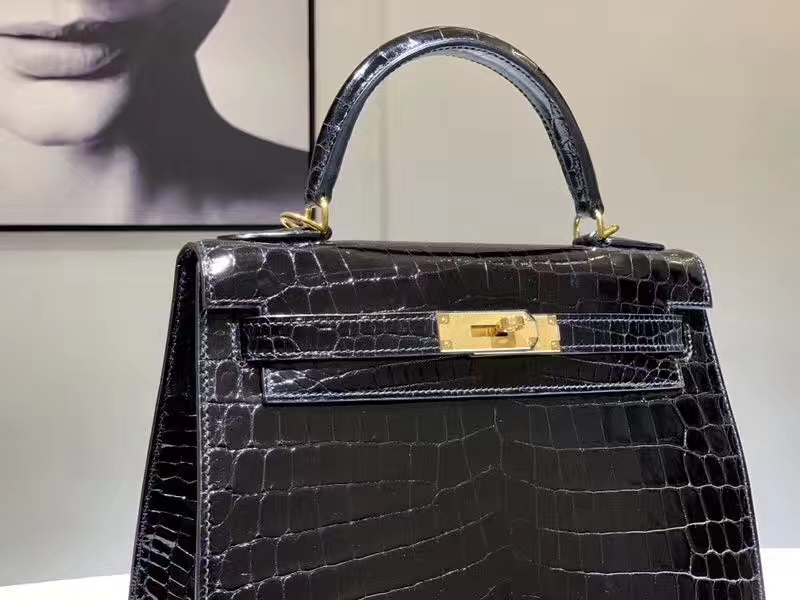 Hermès（爱马仕）Kelly凯莉包 鳄鱼皮 黑色 25cm 金扣 现货