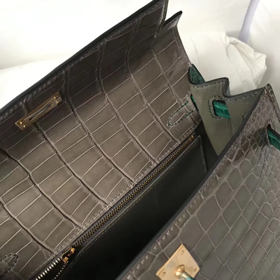 Hermès(爱马仕)Kelly Alligator shiny 亮面鳄鱼 Ck81 斑鸠灰 Gris T 6Q 翡翠绿 金扣 25cm-拉尔森鳄鱼皮具定制 - 爱马仕包包官网 Hermès(爱马仕)Kelly Alligator shiny 亮面鳄鱼 Ck81 斑鸠灰 Gris T 6Q 翡翠绿 金扣 25cm