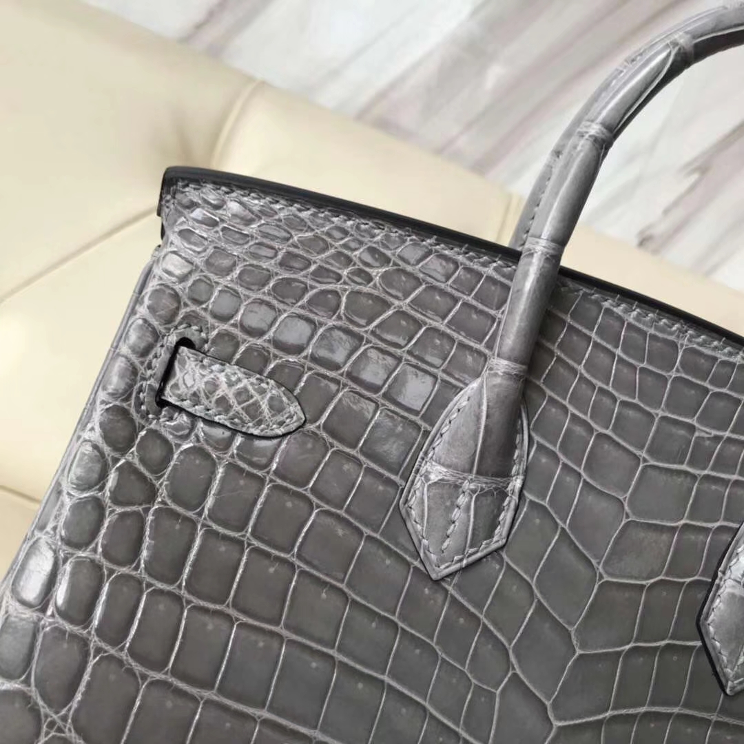 Hermès（爱马仕）Birkin Crocodile shiny 亮面鳄鱼  4Z 海鸥灰 金扣 现货 25cm