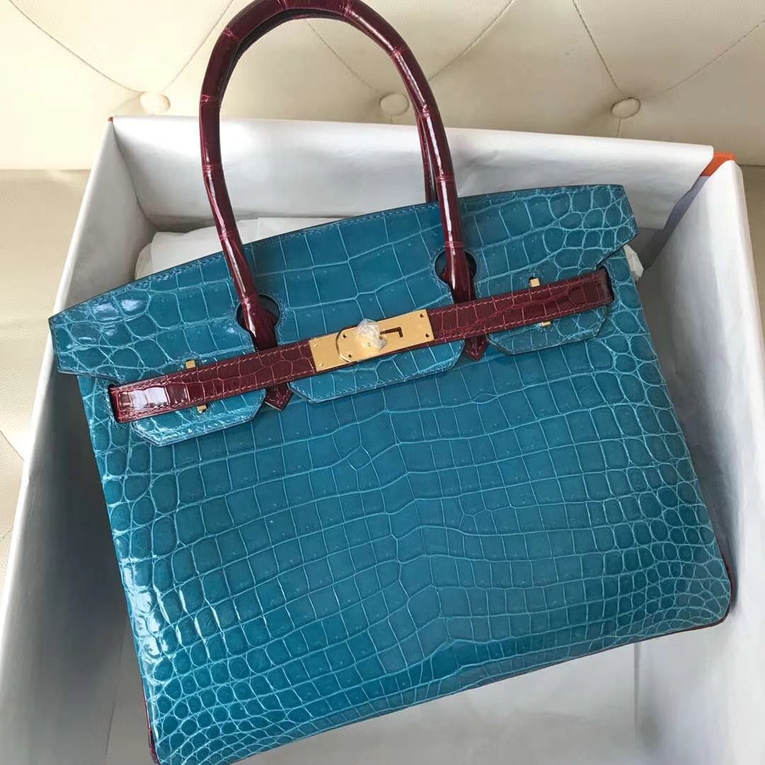 Hermès（爱马仕）Birkin 亮面鳄鱼 7W 伊兹密尔蓝 F5 勃艮第酒红 金扣 马蹄印 30cm