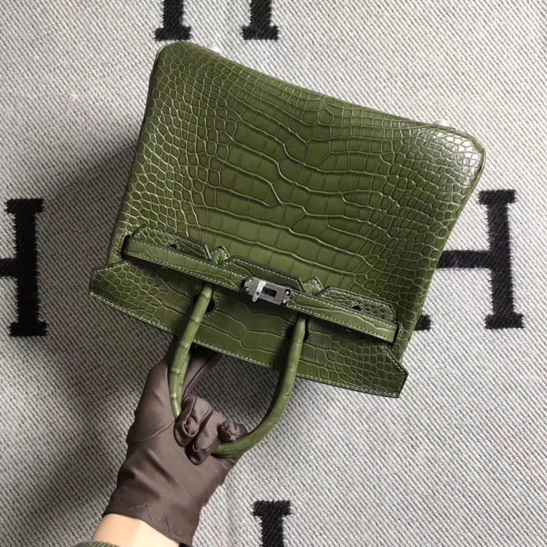 Hermès（爱马仕）Birkin 铂金包 雾面美洲鳄鱼方块 森林绿 完美品质 25cm 现货