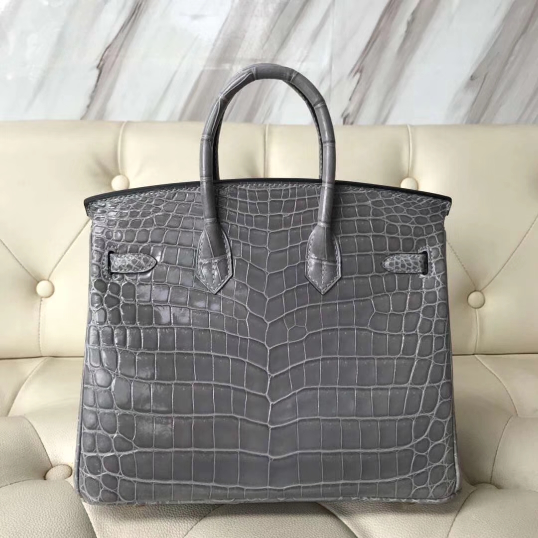 Hermès（爱马仕）Birkin Crocodile shiny 亮面鳄鱼  4Z 海鸥灰 金扣 现货 25cm