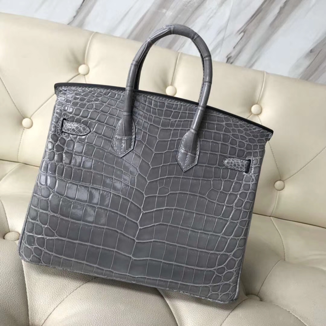 Hermès（爱马仕）Birkin Crocodile shiny 亮面鳄鱼  4Z 海鸥灰 金扣 现货 25cm