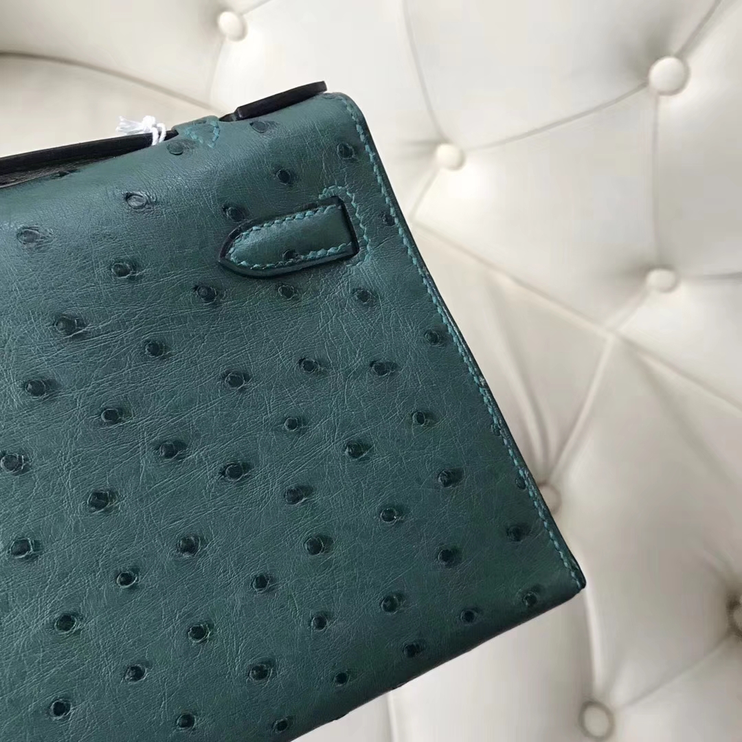 Hermès（爱马仕）Mini Kelly ostrich kk鸵鸟 顶级鸵鸟皮 Z6孔雀绿 蜡线全手工 银扣 22cm