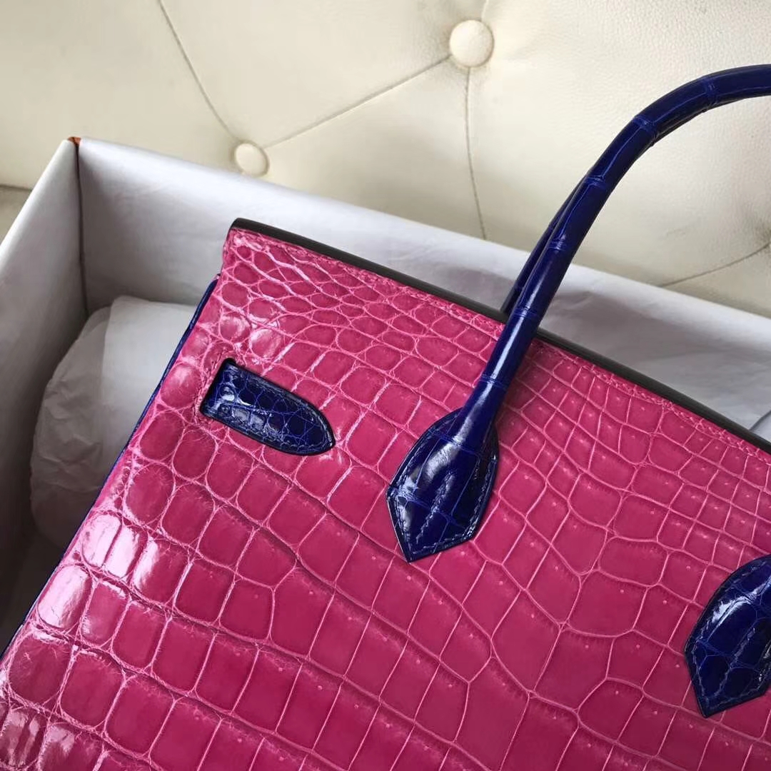 Hermès（爱马仕）Birkin 亮面鳄鱼 5J 桃粉7T 电光蓝  金扣 马蹄印 30cm