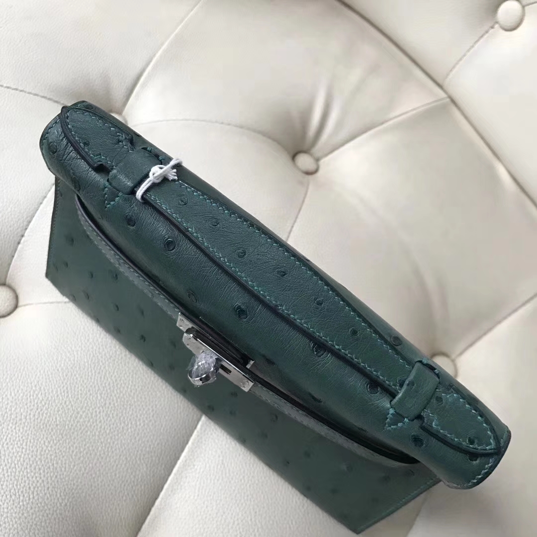 Hermès（爱马仕）Mini Kelly ostrich kk鸵鸟 顶级鸵鸟皮 Z6孔雀绿 蜡线全手工 银扣 22cm