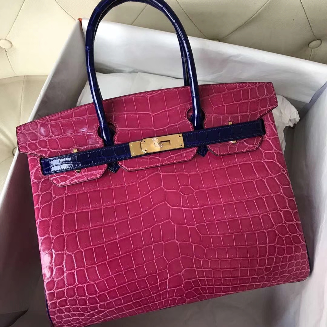 Hermès（爱马仕）Birkin 亮面鳄鱼 5J 桃粉7T 电光蓝  金扣 马蹄印 30cm