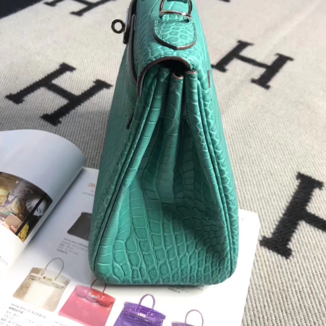 Hermès（爱马仕）Kelly 凯莉包 雾面湾鳄倒V 孔雀蓝 稀少野生鳄鱼 28cm