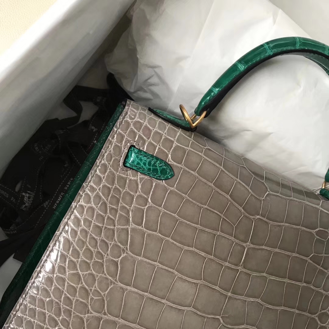Hermès（爱马仕）Kelly Alligator shiny 亮面鳄鱼 Ck81 斑鸠灰 Gris T 6Ｑ 翡翠绿 金扣 25cm