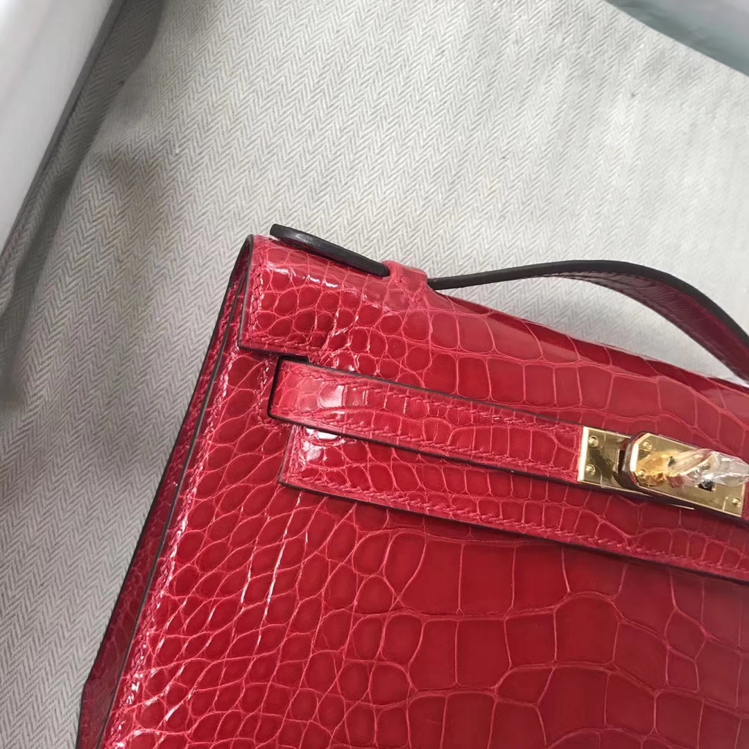 Hermès（爱马仕）Mini Kelly 亮面框框鳄鱼 ck95法拉利红 顶级工艺 蜡线全手工 金扣 22cm
