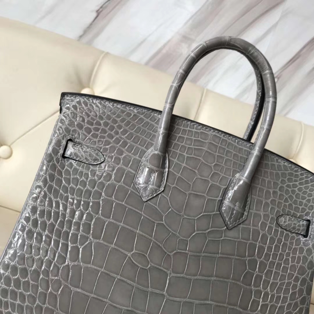 Hermès（爱马仕）Birkin Crocodile shiny 亮面鳄鱼 8U 冰川灰 银扣 顶级手缝 25cm