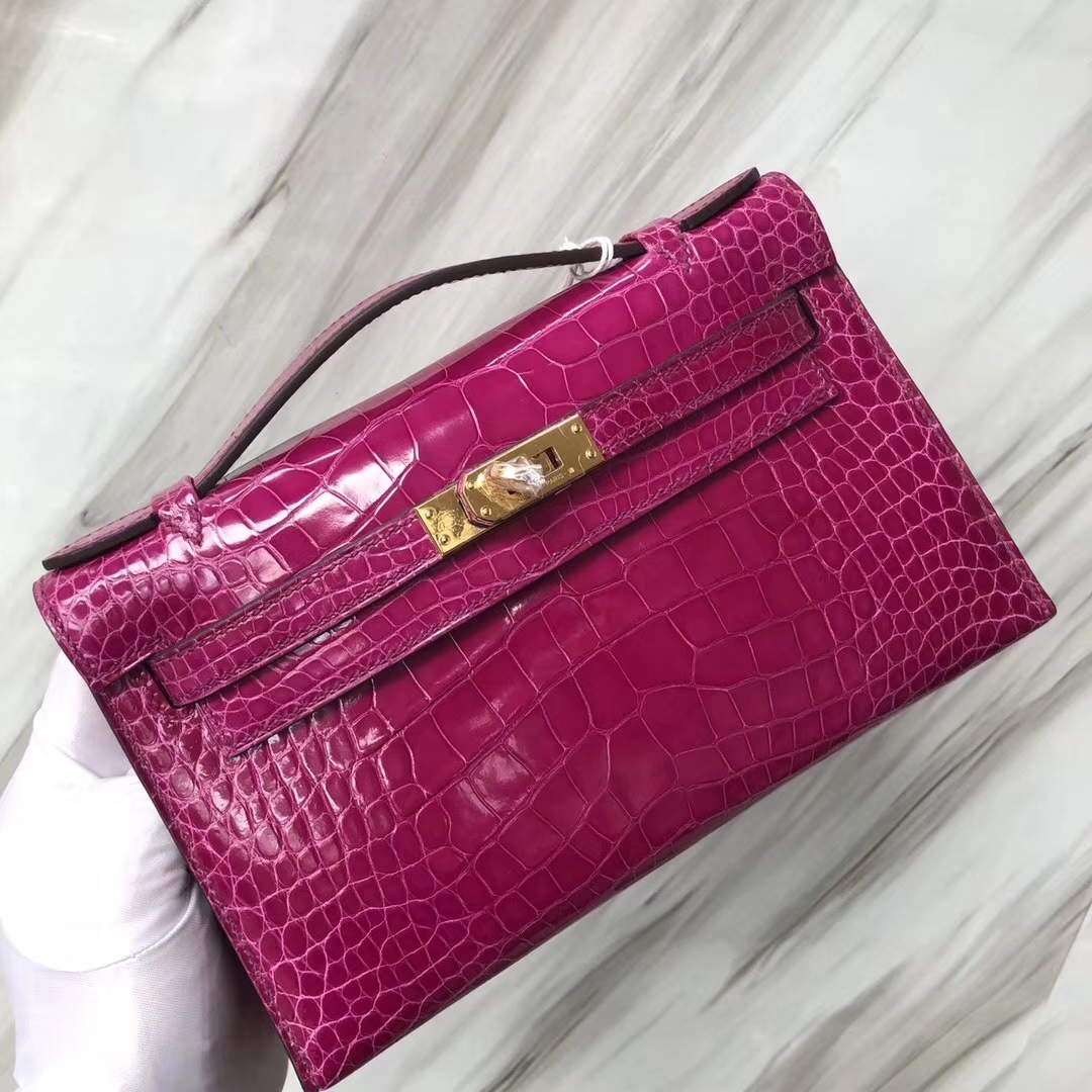 Hermès（爱马仕） Minikelly pochette Alligator shiny 亮面鳄鱼 J5 天方夜谭粉紫 金扣 手拿包 晚宴包 22cm