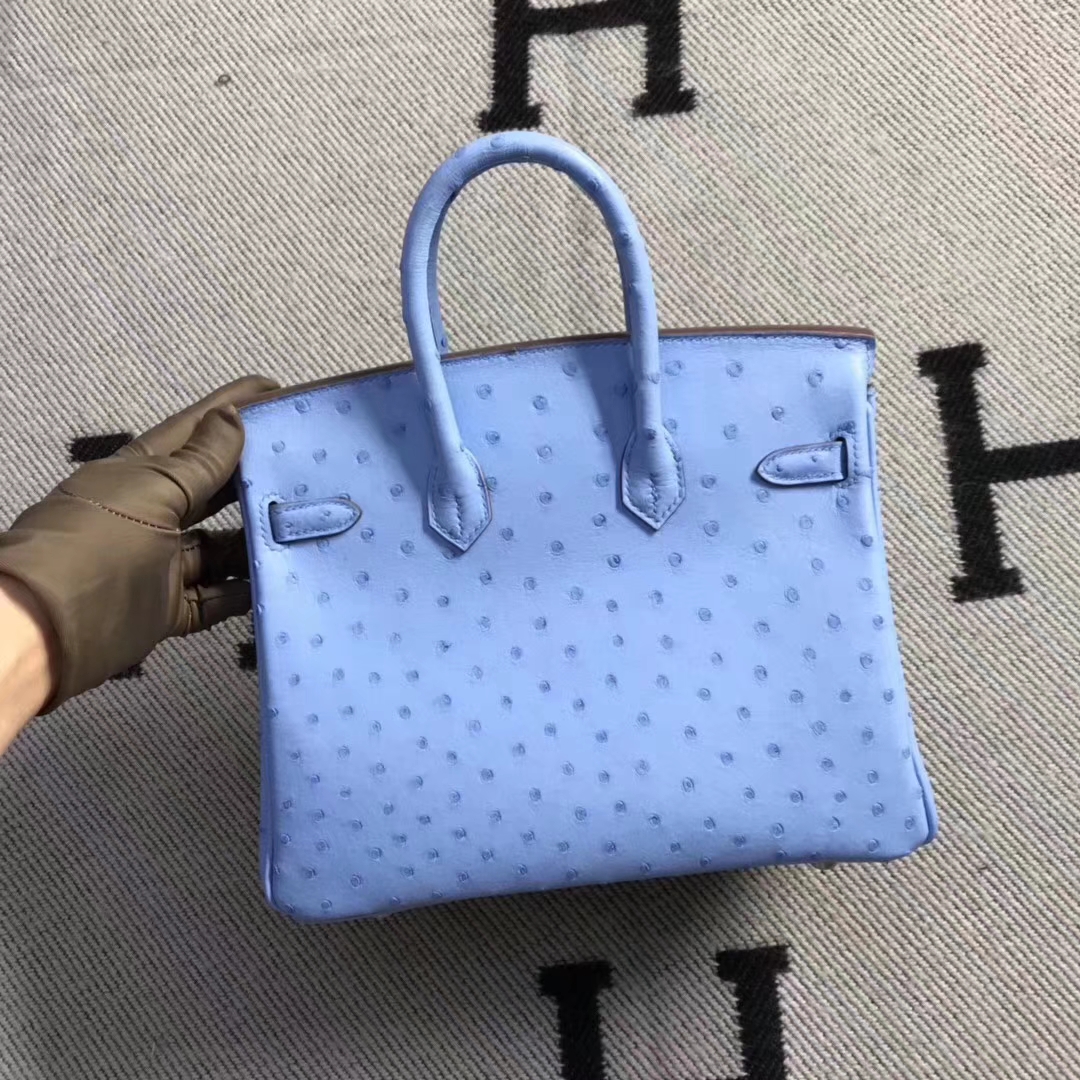 Hermès（爱马仕）brikin铂金包 南非鸵鸟皮 粉蓝色 银扣 现货 25cm