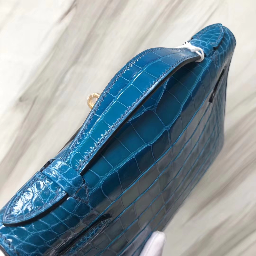 Hermès（爱马仕） Minikelly pochette Alligator shiny 亮面鳄鱼 7W 伊兹密尔蓝 Blue izmir 金扣 手拿包 晚宴包 22cm