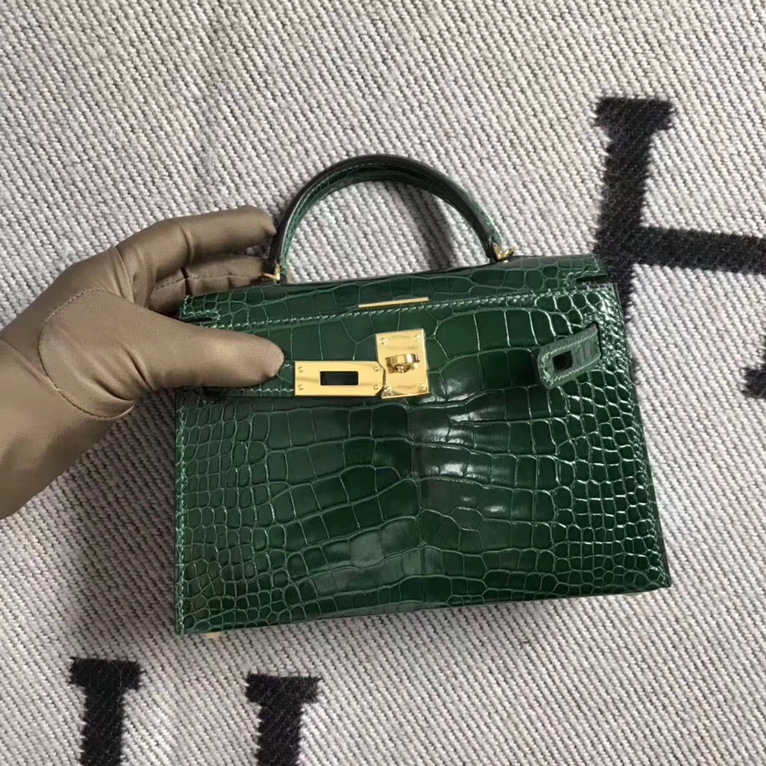 Hermès（爱马仕）mini 迷你凯莉 祖母绿 美洲鳄鱼方块 金扣 2代 小极品现货