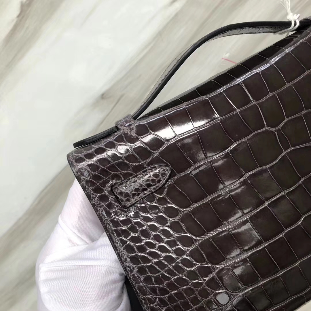 Hermès（爱马仕） Minikelly pochette Alligator shiny 亮面鳄鱼 CK88 石墨灰 金扣 手拿包 晚宴包 22cm