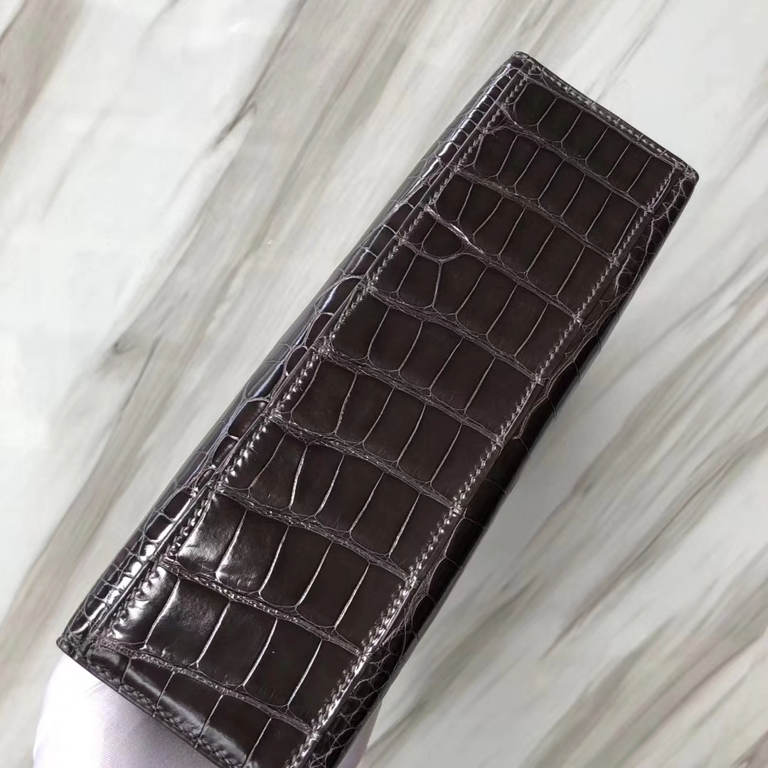 Hermès（爱马仕） Minikelly pochette Alligator shiny 亮面鳄鱼 CK88 石墨灰 金扣 手拿包 晚宴包 22cm