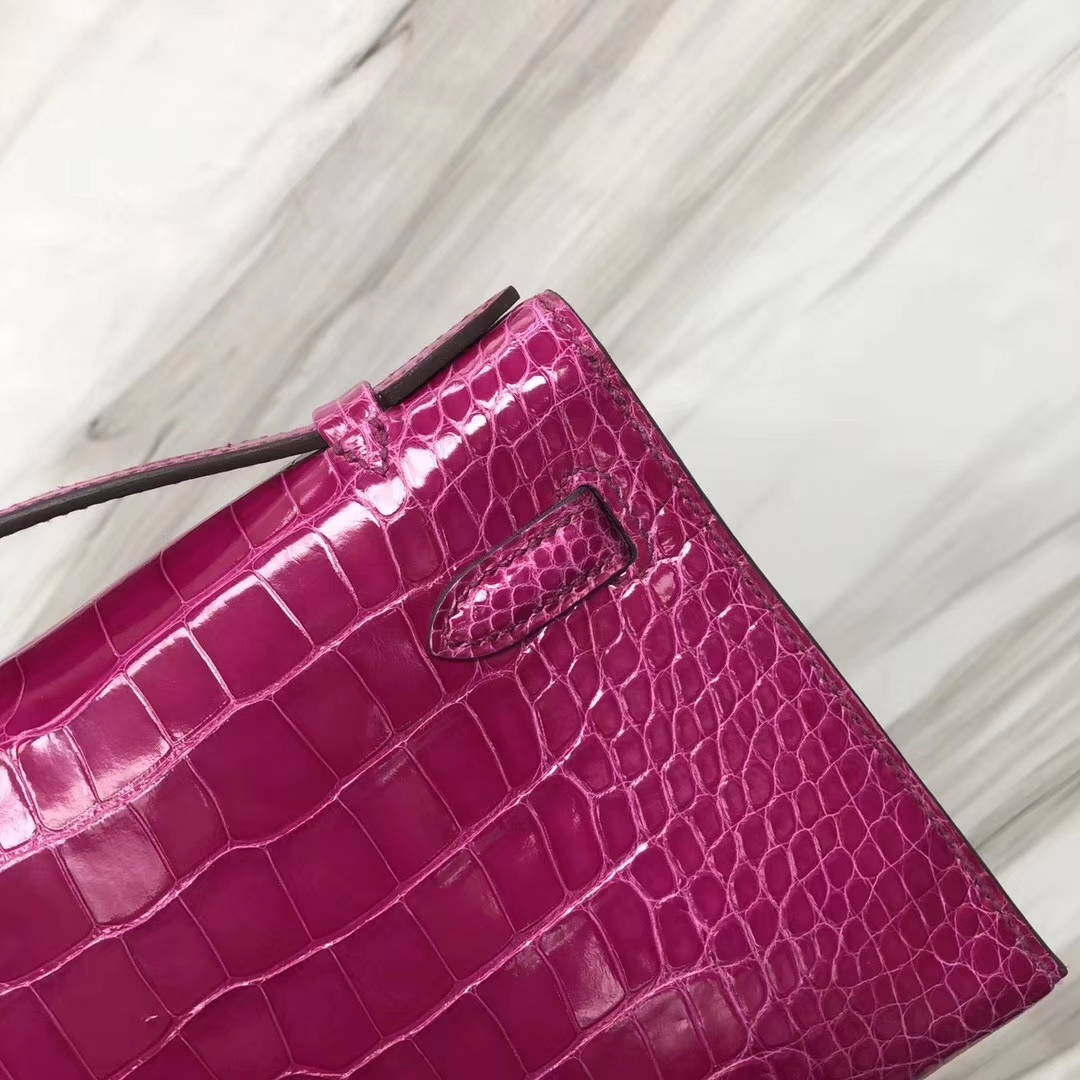 Hermès（爱马仕） Minikelly pochette Alligator shiny 亮面鳄鱼 J5 天方夜谭粉紫 金扣 手拿包 晚宴包 22cm