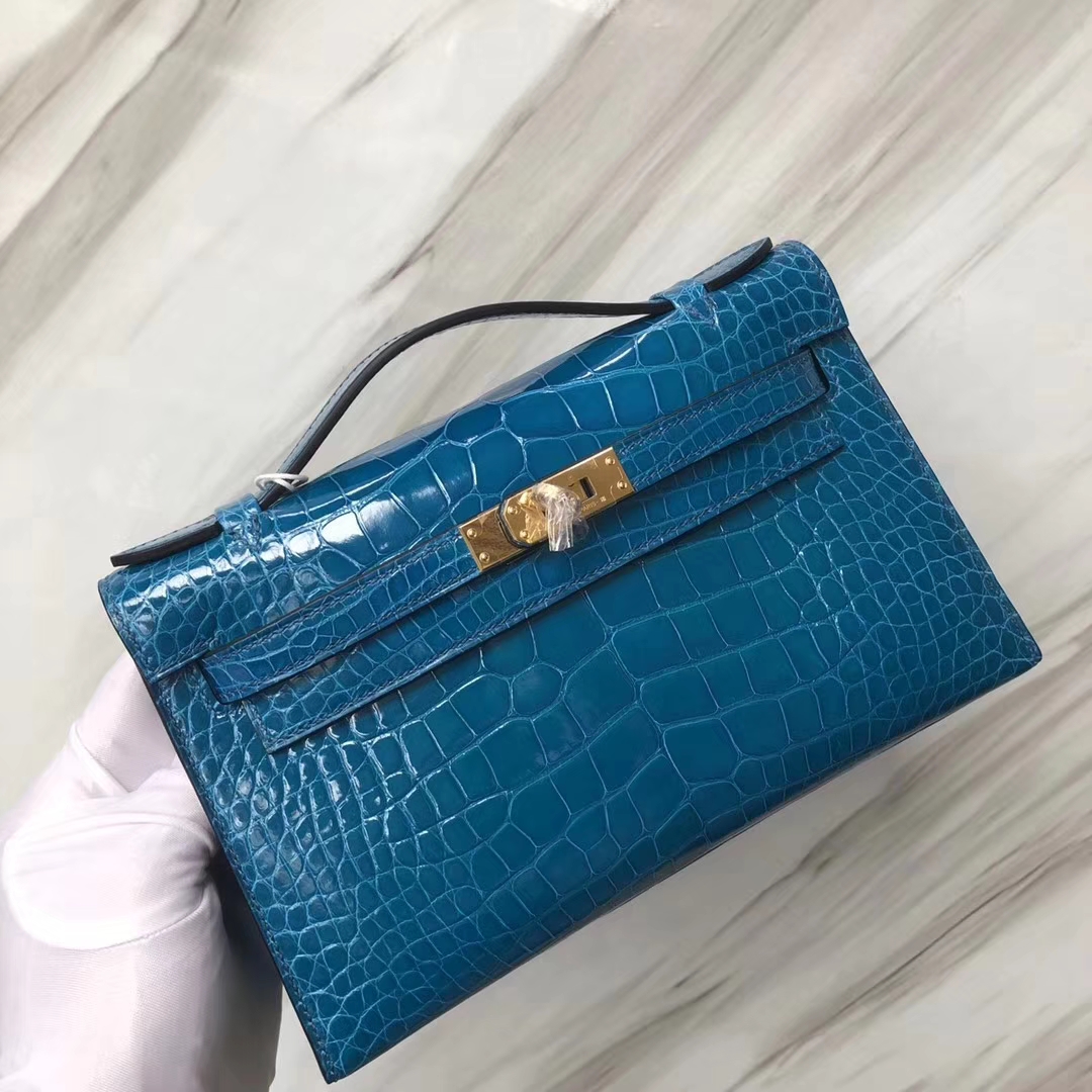 Hermès（爱马仕） Minikelly pochette Alligator shiny 亮面鳄鱼 7W 伊兹密尔蓝 Blue izmir 金扣 手拿包 晚宴包 22cm