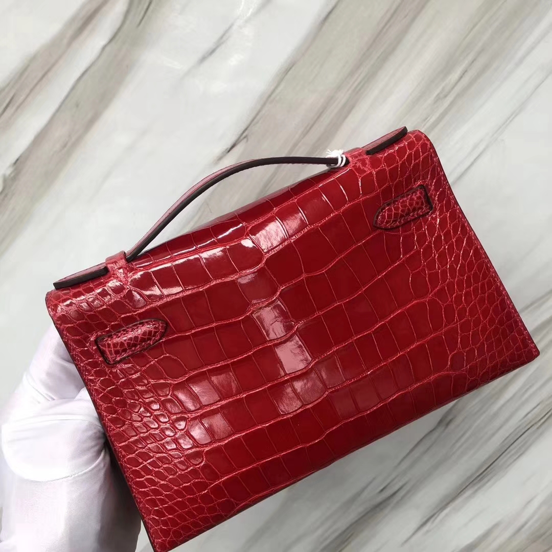 Hermès（爱马仕） Minikelly pochette Alligator shiny 亮面鳄鱼 CK95 法拉利红 Braise 金扣 手拿包 晚宴包 22cm