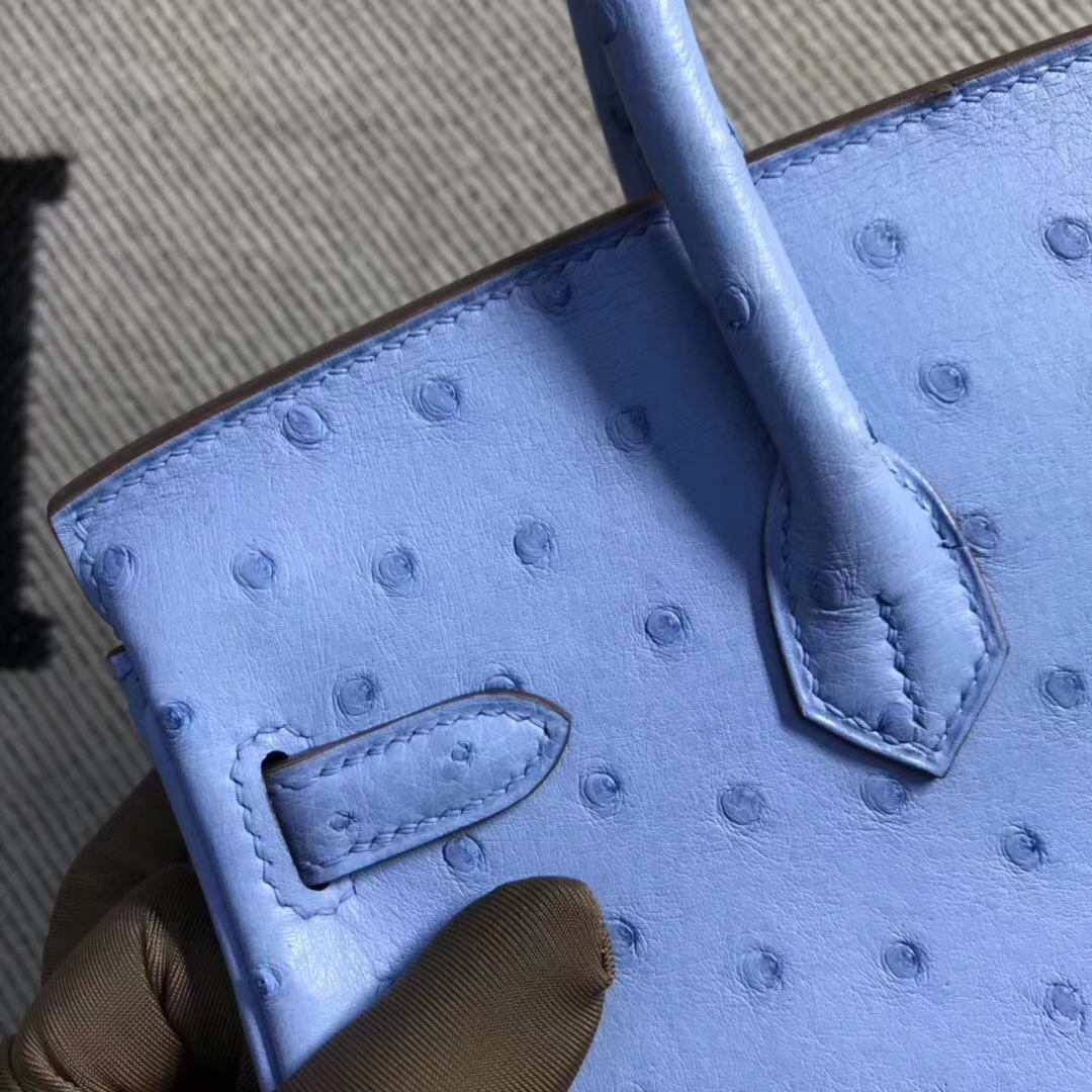 Hermès（爱马仕）brikin铂金包 南非鸵鸟皮 粉蓝色 银扣 现货 25cm