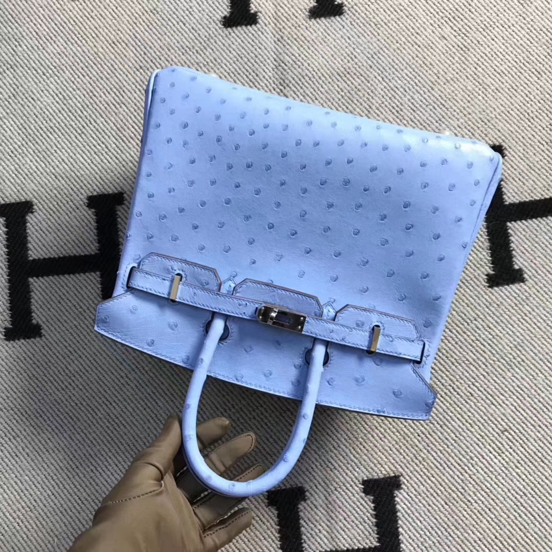 Hermès（爱马仕）brikin铂金包 南非鸵鸟皮 粉蓝色 银扣 现货 25cm