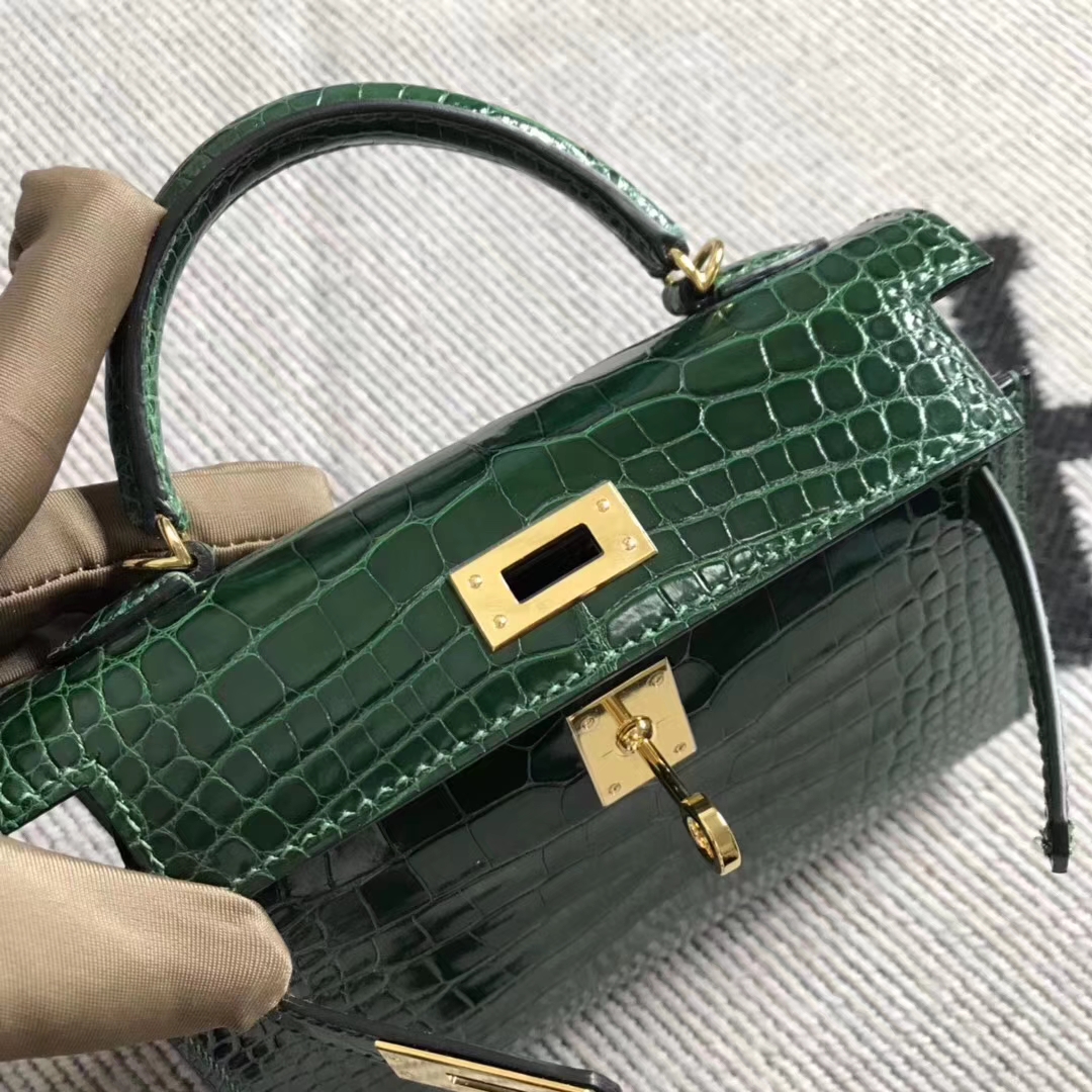 Hermès（爱马仕）mini 迷你凯莉 祖母绿 美洲鳄鱼方块 金扣 2代 小极品现货