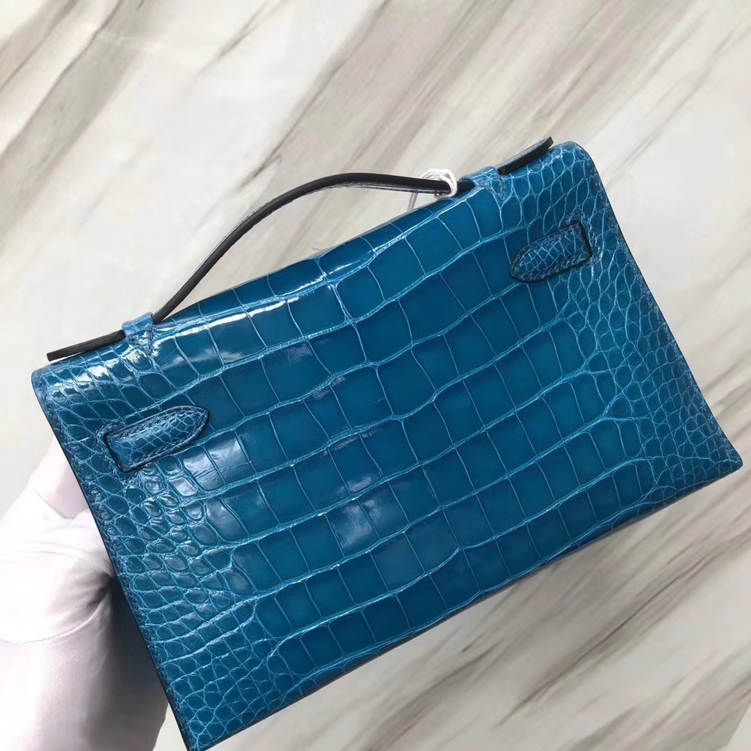 Hermès（爱马仕） Minikelly pochette Alligator shiny 亮面鳄鱼 7W 伊兹密尔蓝 Blue izmir 金扣 手拿包 晚宴包 22cm