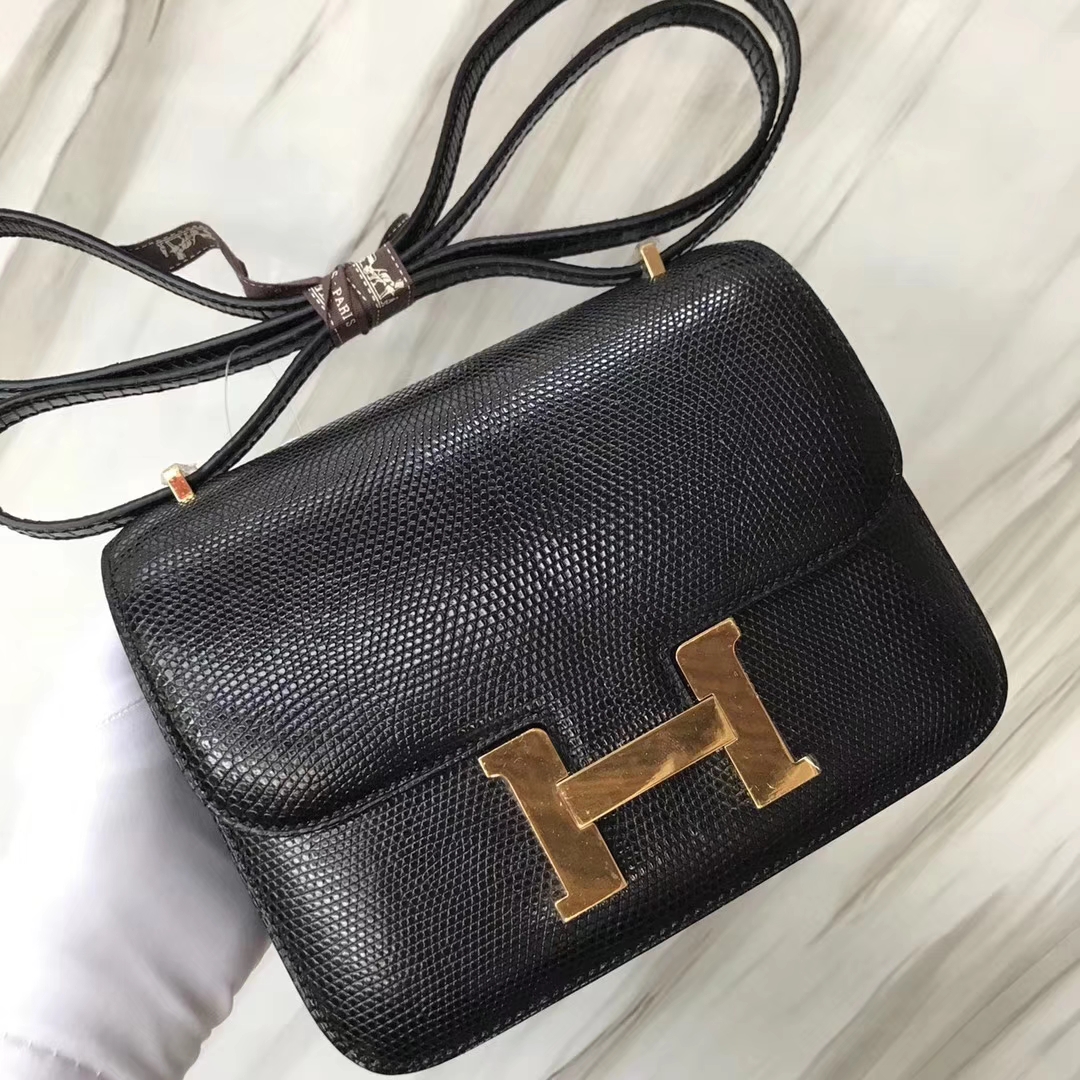 Hermès（爱马仕）Constance空姐包 Lizard 进口亮面蜥蜴🦎 ck89 黑色 noir  金扣 18cm