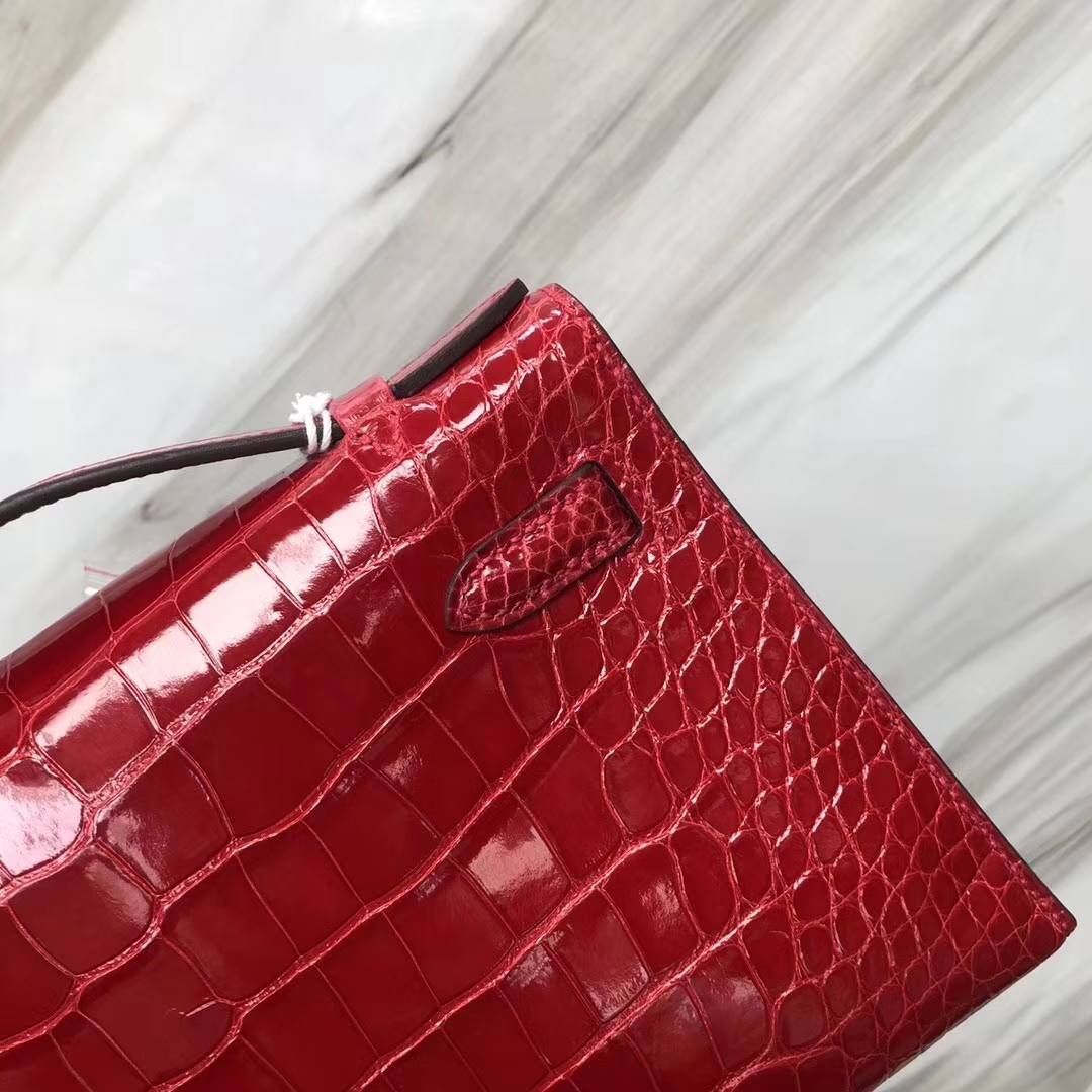 Hermès（爱马仕） Minikelly pochette Alligator shiny 亮面鳄鱼 CK95 法拉利红 Braise 金扣 手拿包 晚宴包 22cm