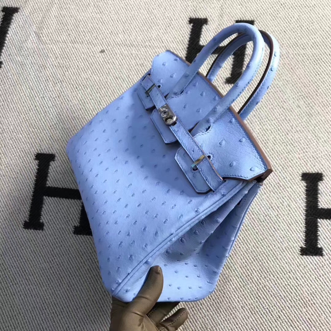 Hermès（爱马仕）brikin铂金包 南非鸵鸟皮 粉蓝色 银扣 现货 25cm