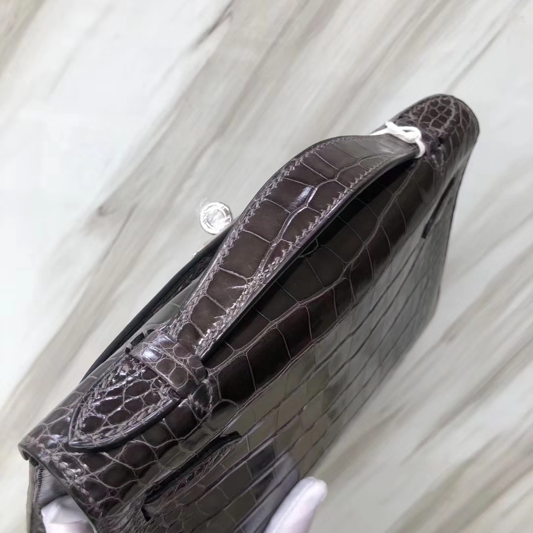Hermès（爱马仕） Minikelly pochette Alligator shiny 亮面鳄鱼 CK88 石墨灰 银扣 手拿包 晚宴包 22cm