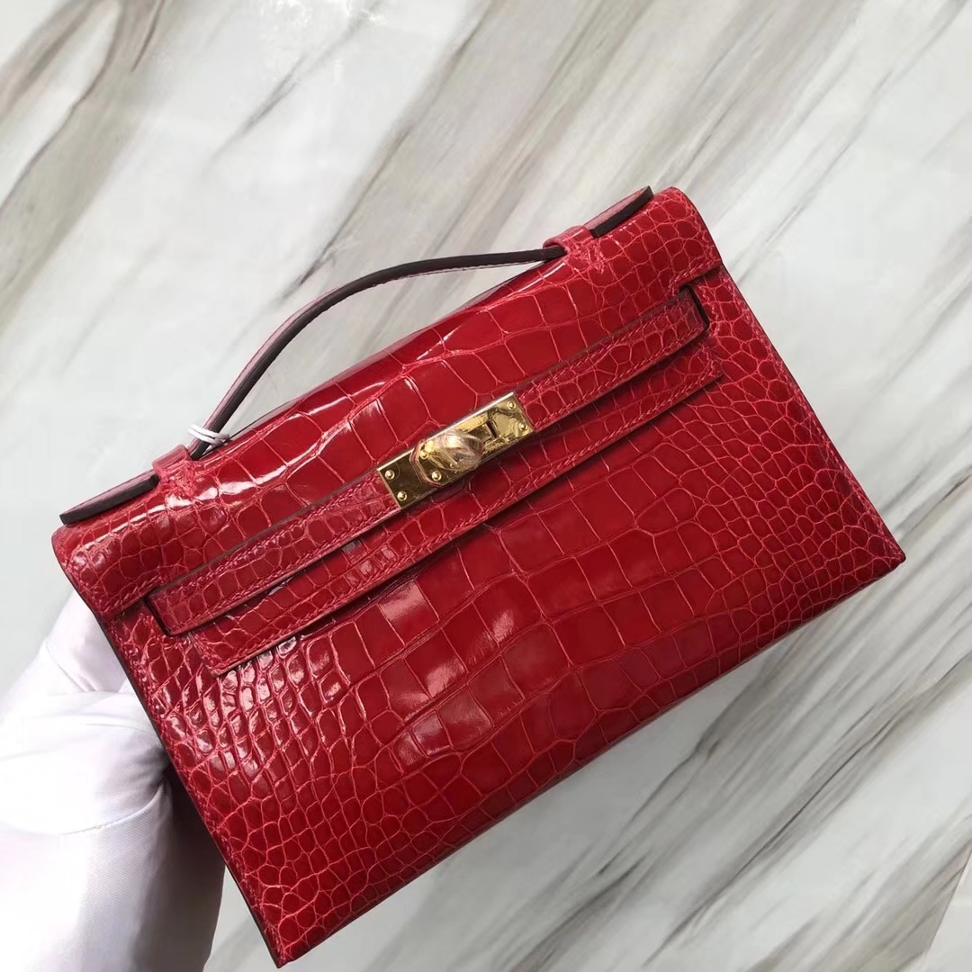 Hermès(爱马仕) Minikelly pochette Alligator shiny 亮面鳄鱼 CK95 法拉利红 Braise 金扣 手拿包 晚宴包 22cm-拉尔森鳄鱼皮具定制 - 爱马仕包包官网 Hermès(爱马仕) Minikelly pochette Alligator shiny 亮面鳄鱼 CK95 法拉利红 Braise 金扣 手拿包 晚宴包 22cm