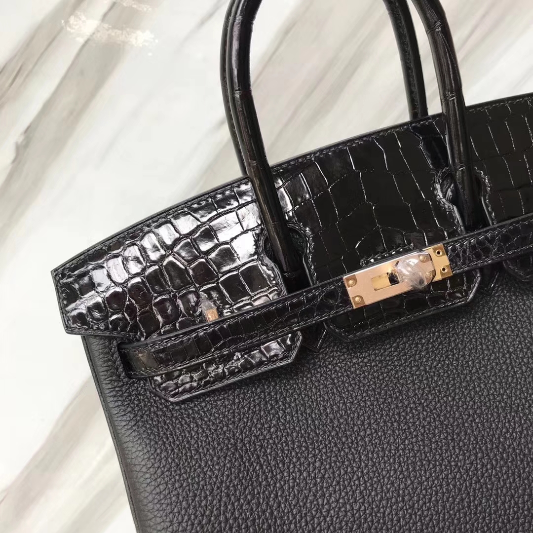Hermès（爱马仕）Birkin铂金包 ck89 黑色 noir crocodile shiny 亮面鳄鱼黑色 玫瑰金 25cm