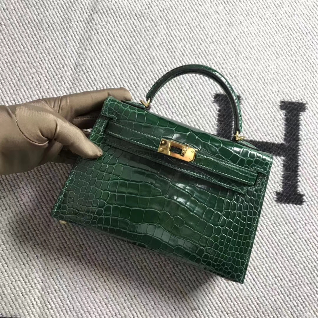 Hermès（爱马仕）mini 迷你凯莉 祖母绿 美洲鳄鱼方块 金扣 2代 小极品现货