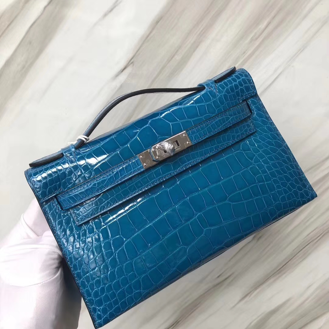 Hermès（爱马仕） Minikelly pochette Alligator shiny 亮面鳄鱼 7W 伊兹密尔蓝 银扣 手拿包 晚宴包 22cm