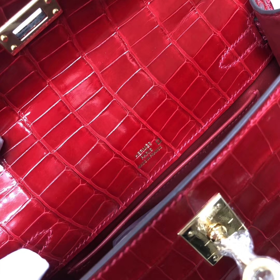 Hermès（爱马仕） Minikelly pochette Alligator shiny 亮面鳄鱼 CK95 法拉利红 Braise 金扣 手拿包 晚宴包 22cm