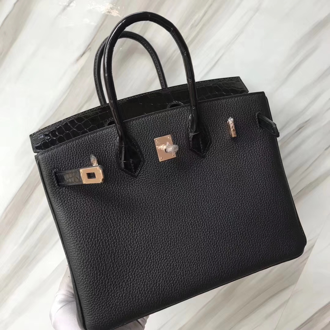 Hermès（爱马仕）Birkin铂金包 ck89 黑色 noir crocodile shiny 亮面鳄鱼黑色 玫瑰金 25cm