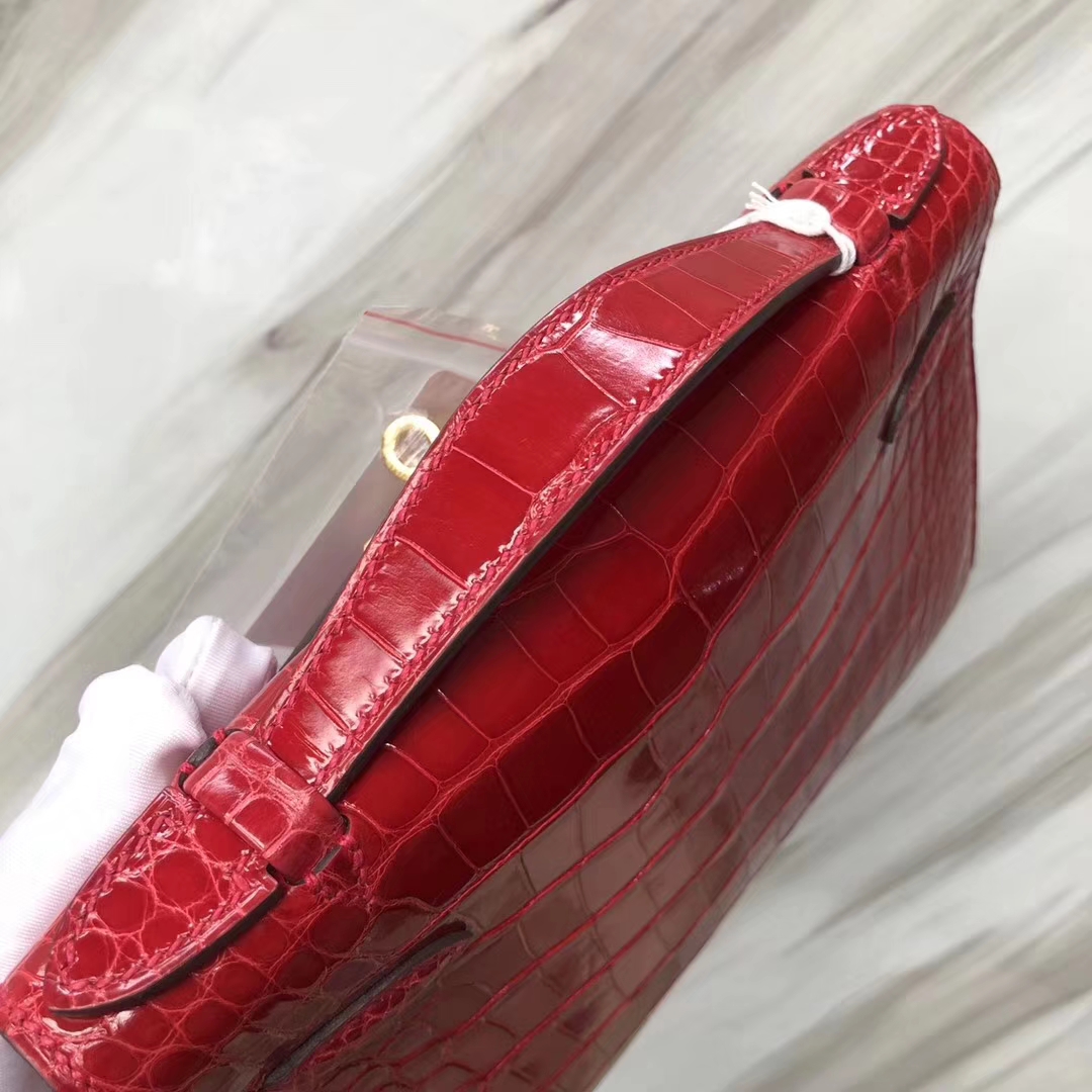 Hermès（爱马仕） Minikelly pochette Alligator shiny 亮面鳄鱼 CK95 法拉利红 Braise 金扣 手拿包 晚宴包 22cm