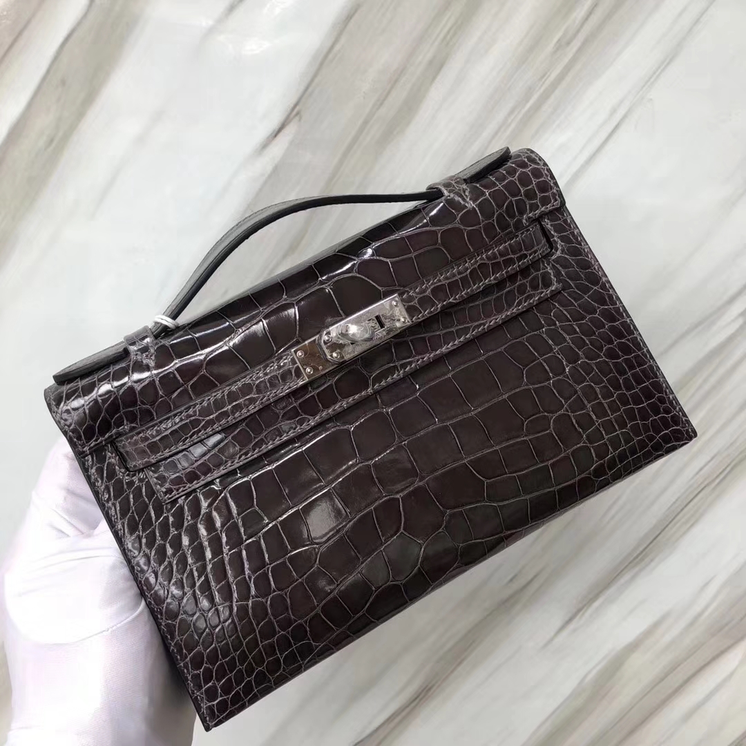 Hermès（爱马仕） Minikelly pochette Alligator shiny 亮面鳄鱼 CK88 石墨灰 银扣 手拿包 晚宴包 22cm