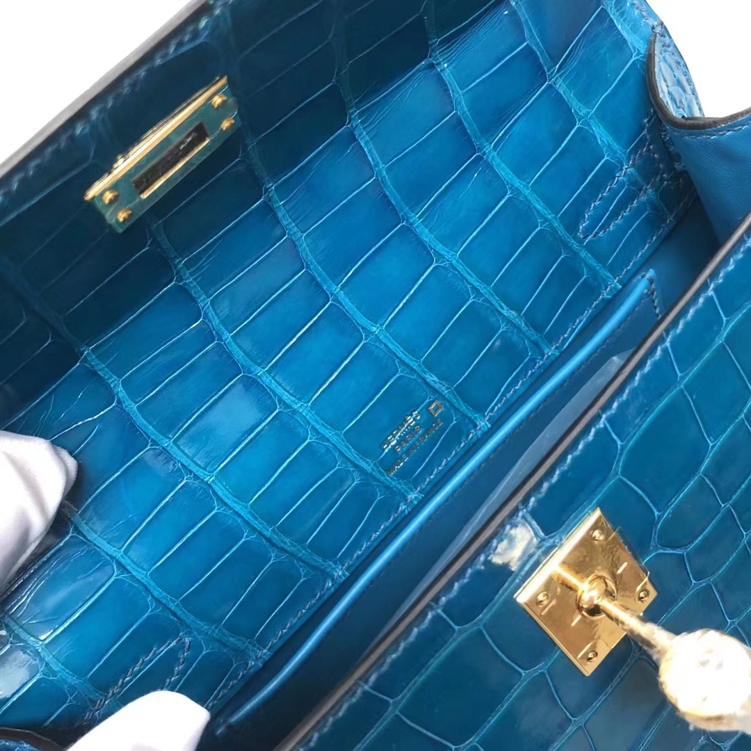 Hermès（爱马仕） Minikelly pochette Alligator shiny 亮面鳄鱼 7W 伊兹密尔蓝 Blue izmir 金扣 手拿包 晚宴包 22cm