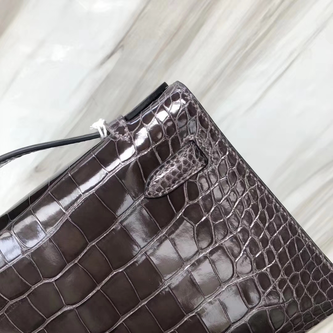 Hermès（爱马仕） Minikelly pochette Alligator shiny 亮面鳄鱼 CK88 石墨灰 银扣 手拿包 晚宴包 22cm